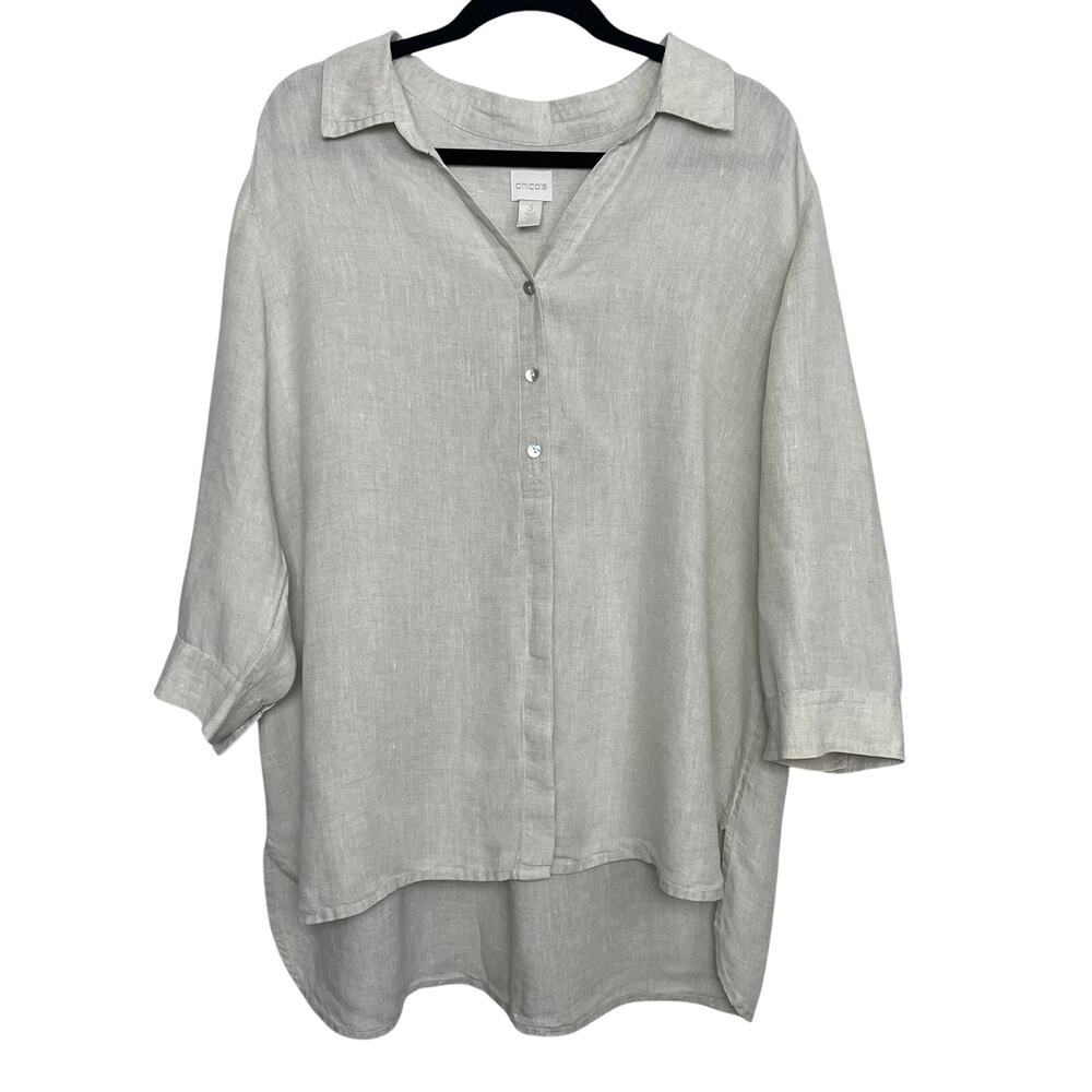 Chico's 100% Linen Size 3 (XL) Cream Beige Button Down Tunic Shirt Half Sleeves